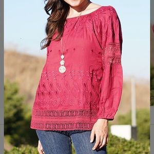 Wine 3/4 Sleeve Embroidered Lace Tunic, M